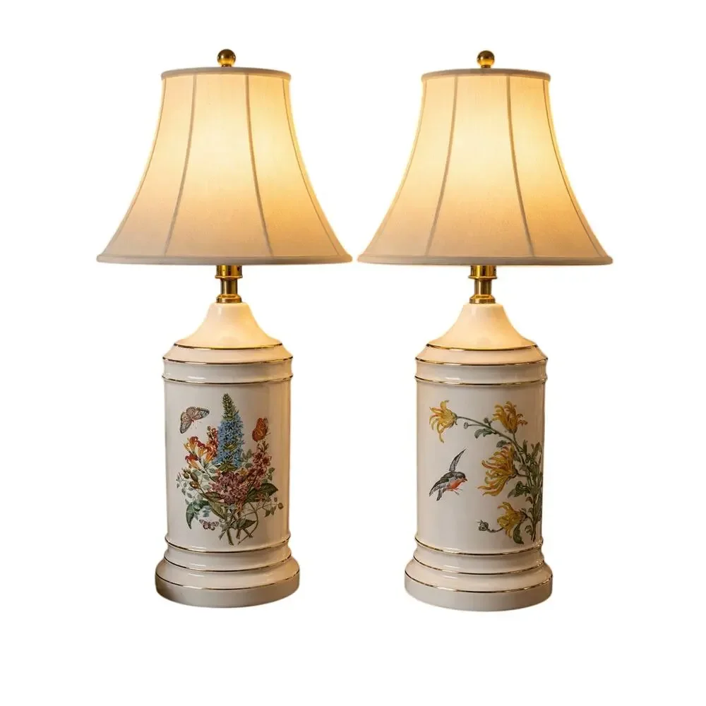 Vintage Pair White Gold Trim Ceramic Table Lamps With Floral Birds Butterflies